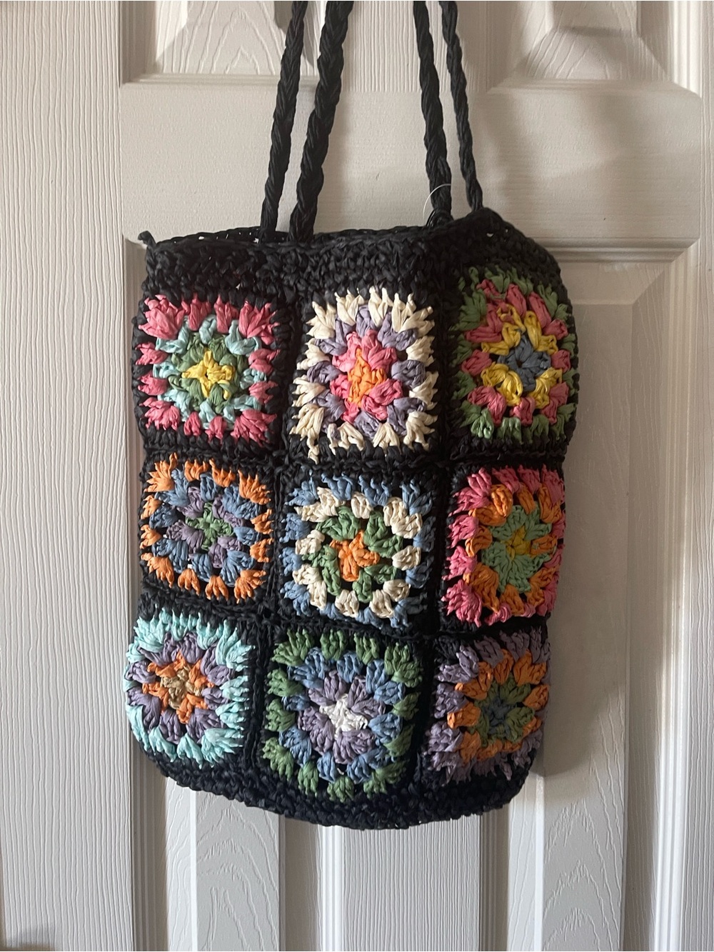 Multicolor Crochet Square Tote Bag with Black Trim NWT - Picture 4 of 7